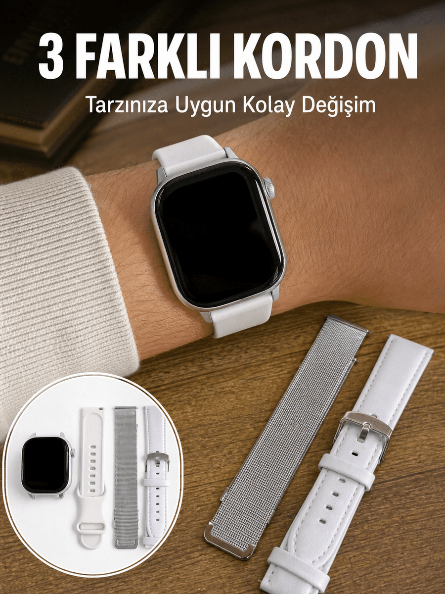 Bluetooth Görüşmeli Dokunmatik Akıllı Saat 3 Farklı Kordon Seçeneği