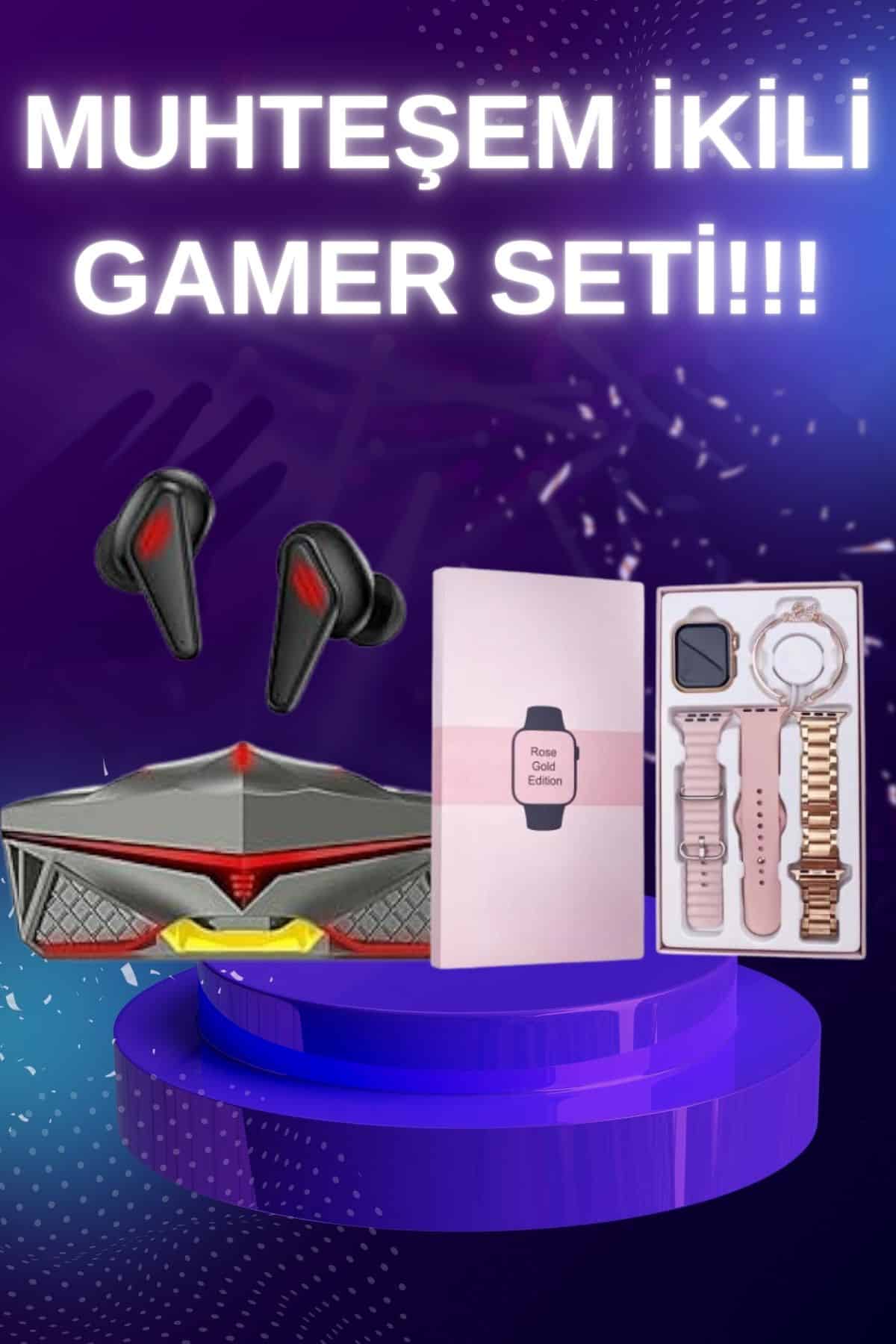 Yeni Nesil Pembe Dokunmatik Ekran Akıllı Saat ve Oyuncu Kulaklığı Kablosuz Bluetooth Kulaklık - Standart / Standart