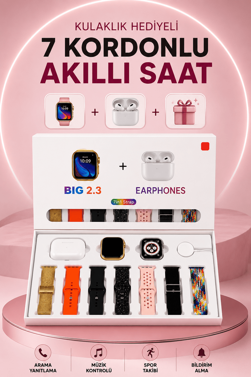 Akıllı Saat Bluetooth Kulaklık Hediyeli Bildirim Görme Sesli Görüşme Çoklu Kordon - Standart / Standart