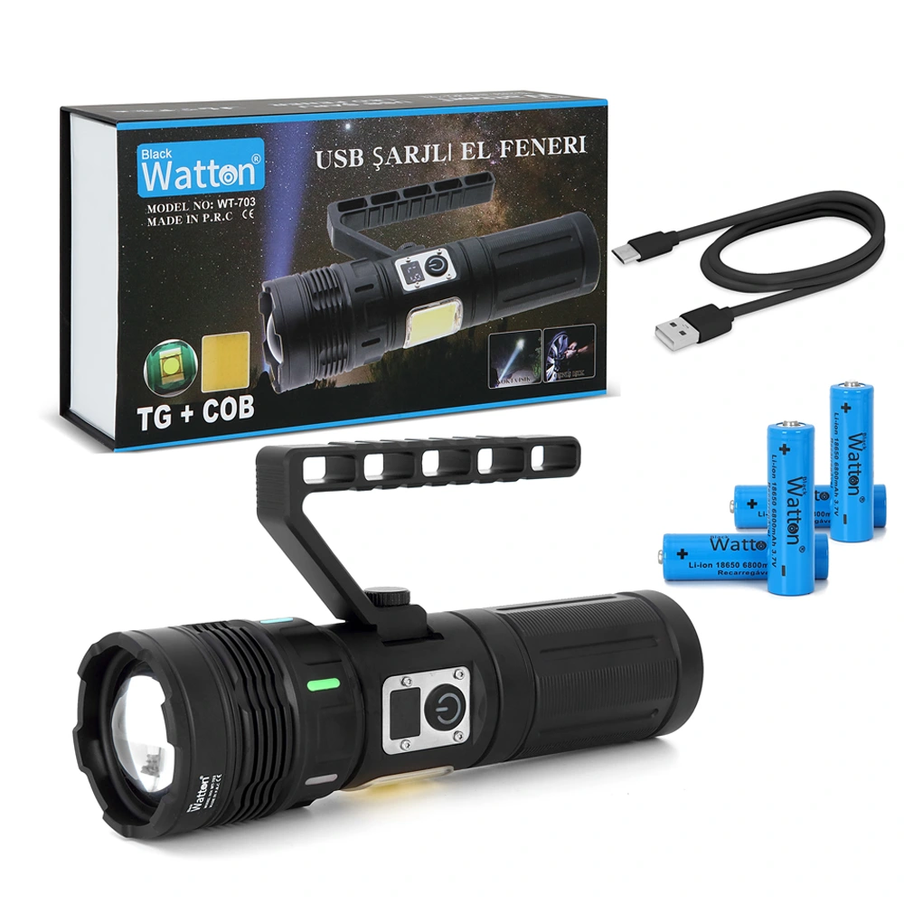 Ürün Kodu :Wt-703 Boyutlar :Uzunluk 22-25 cm Ön Yü 15.000 Lümen Tg+cob Led Şarjlı El Feneri