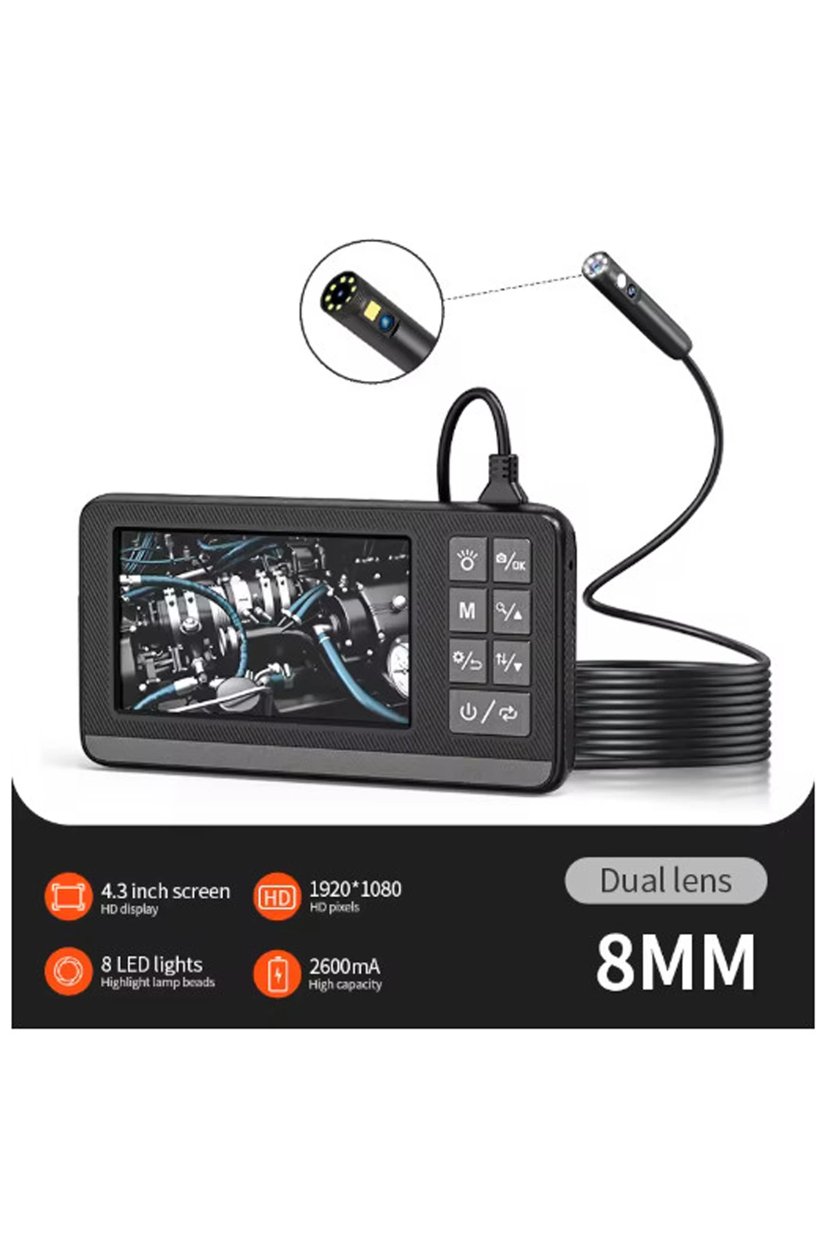 Ekranlı Çift Kameralı 10 Mt Sert Kablo Endoskop Kamera 8 Mm 4.3 Inc Hafıza Kart Destekli