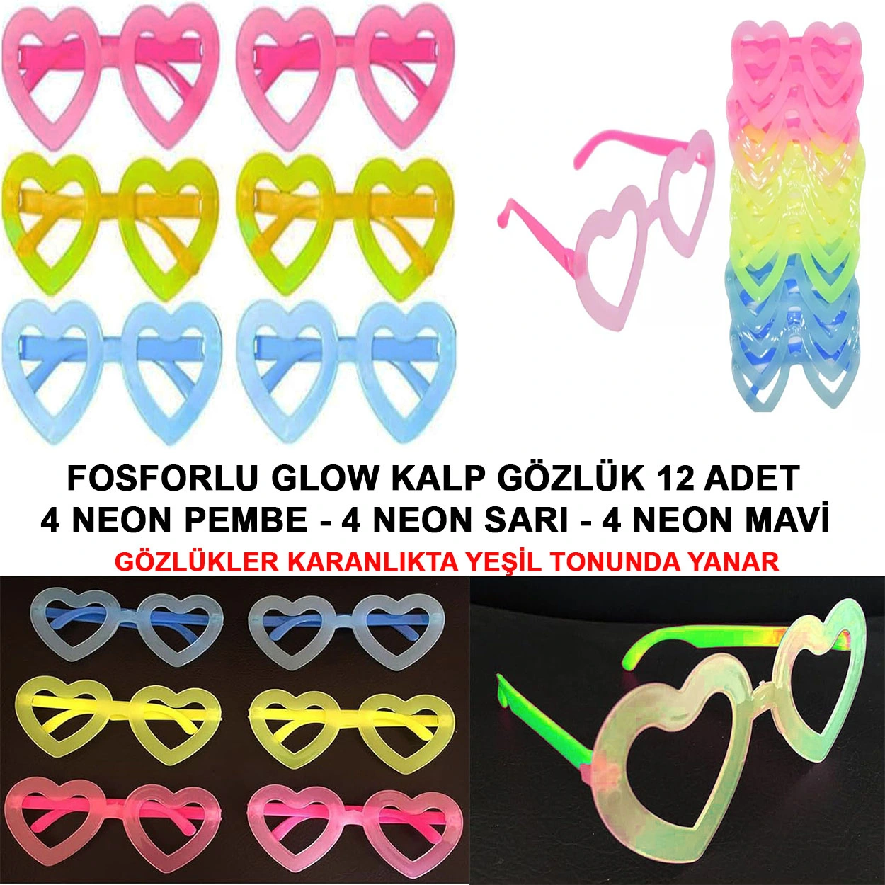Fosforlu Kalp Model Glow Parti Gözlüğü Karanlıkta Yanan Gözlükler 12 Adet