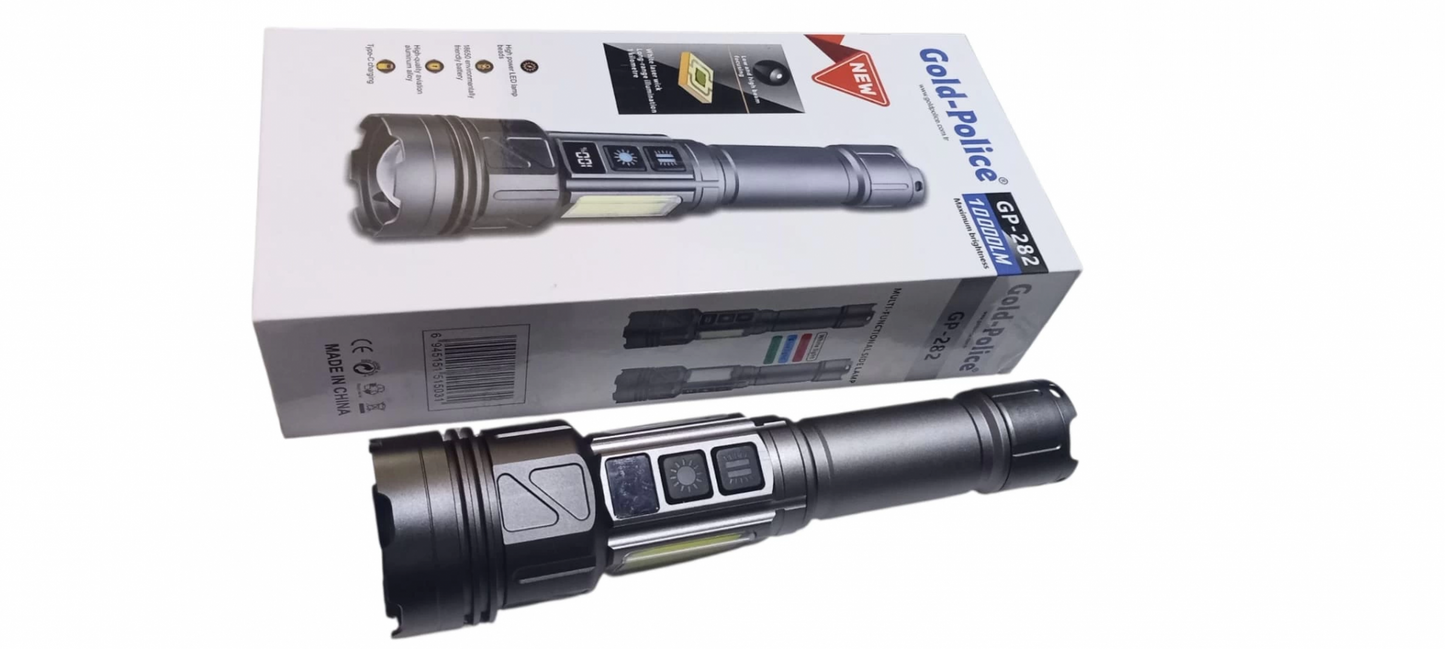 Gold-police Gp-282 Uzun Menzilli Güçlü Şarjlı 10000 Lümen El Feneri 11 Mod Çakar Işıklı Kırmızı-mavi-yeşil Led