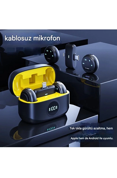 Kablosuz Profesyonel İkili Yayın Yaka Mikrofonu Şarj Kutu Mıknatıslı Typce Lightning Çıkış Mikrofon