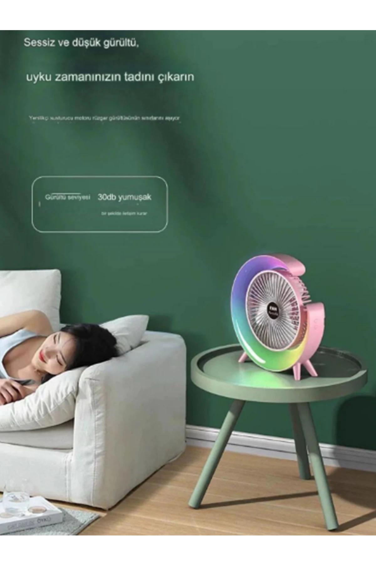 Masaüstü Vantilatör Usb Şarjlı Rgb Led Işıklı 3 Kademeli 180° Ayarlanabilir Soğutucu Fan Yeşil