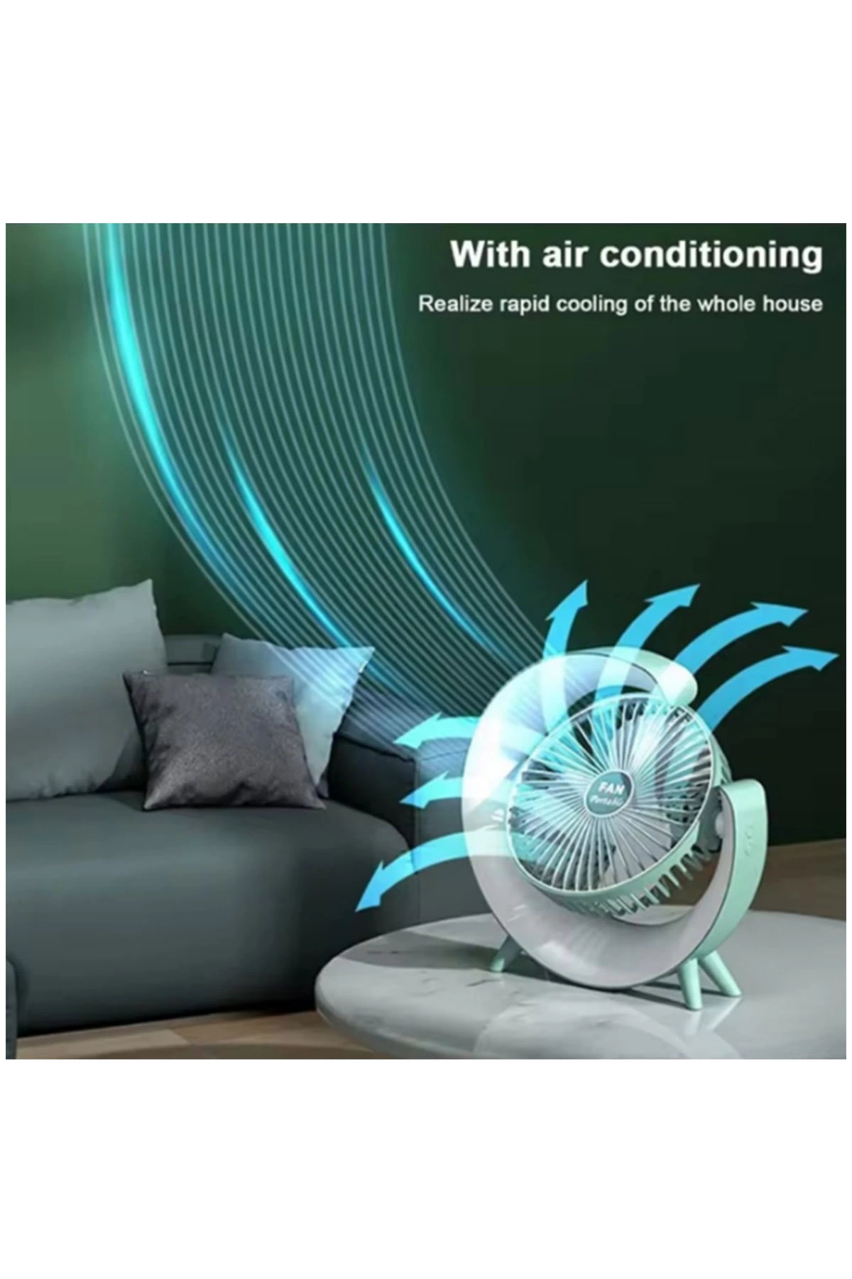 Masaüstü Vantilatör Usb Şarjlı Rgb Led Işıklı 3 Kademeli 180° Ayarlanabilir Soğutucu Fan Yeşil