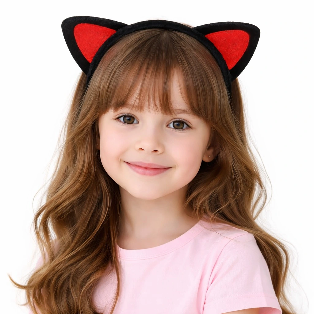Peluş Kedi Kulak Taç Kırmızı Siyah – Çocuk Parti Kostüm Tacı