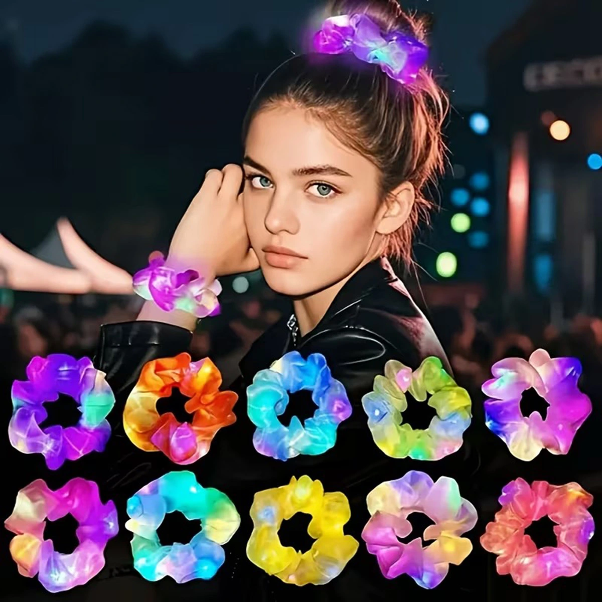 Pembe Renk Led Işıklı Lastikli Saç Tokası - 3 Modlu Festival Parti Saç Tokası