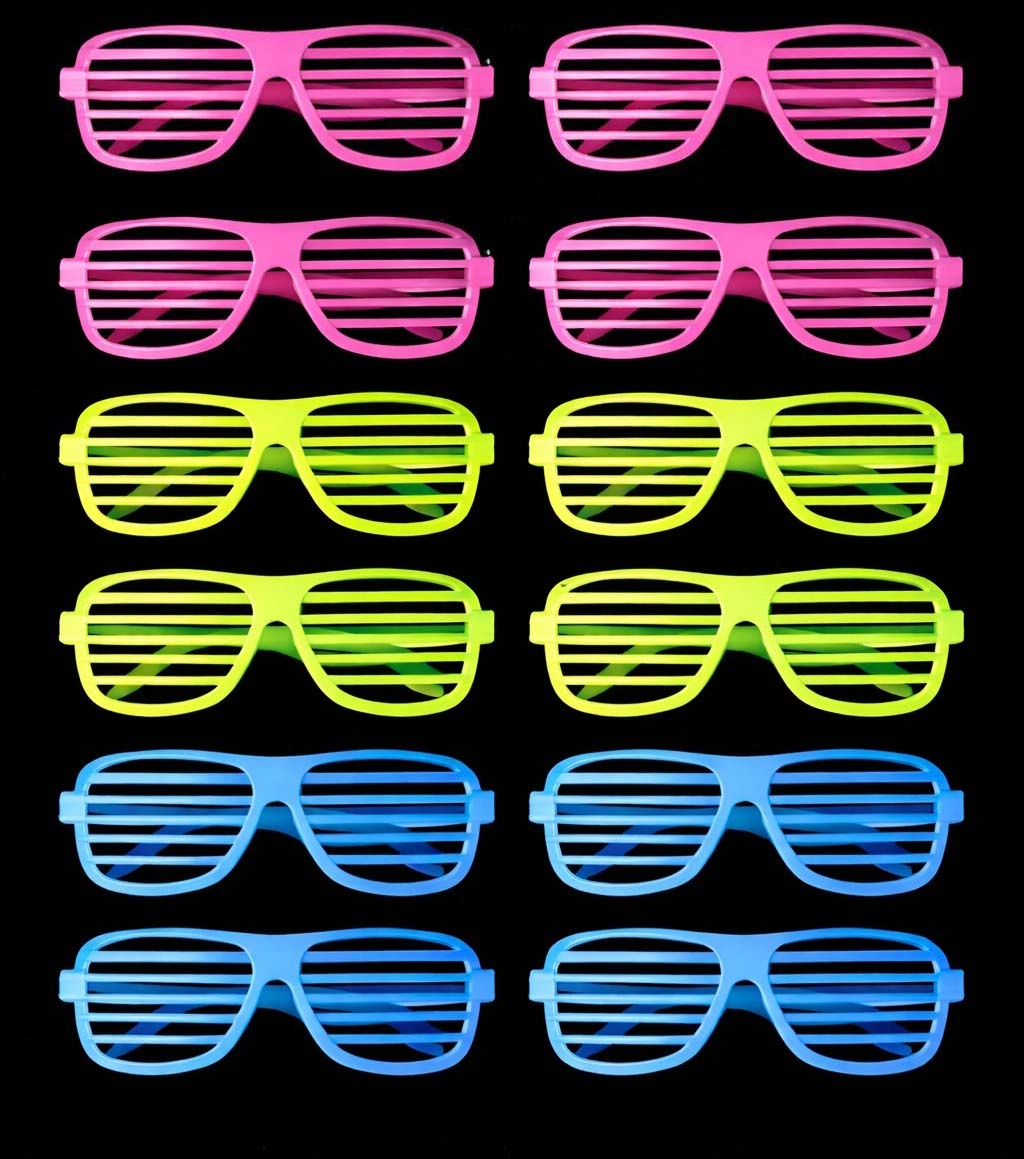 Retro Neon Fosforlu Panjur Gözlük 12 Adet – 80’ler 90’lar Parti Stili