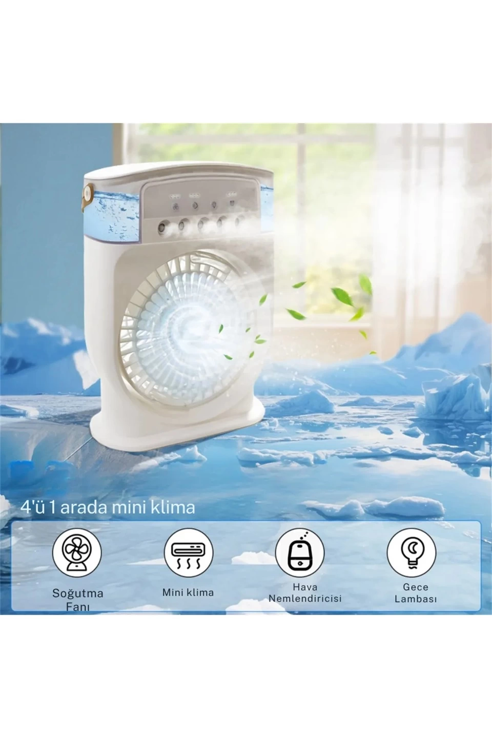 Şarjlı 600 Ml Su Hazneli Taşınabilir Masaüstü Vanilatör Güçlü Fan Ve 2000 Mah Pil Beyaz