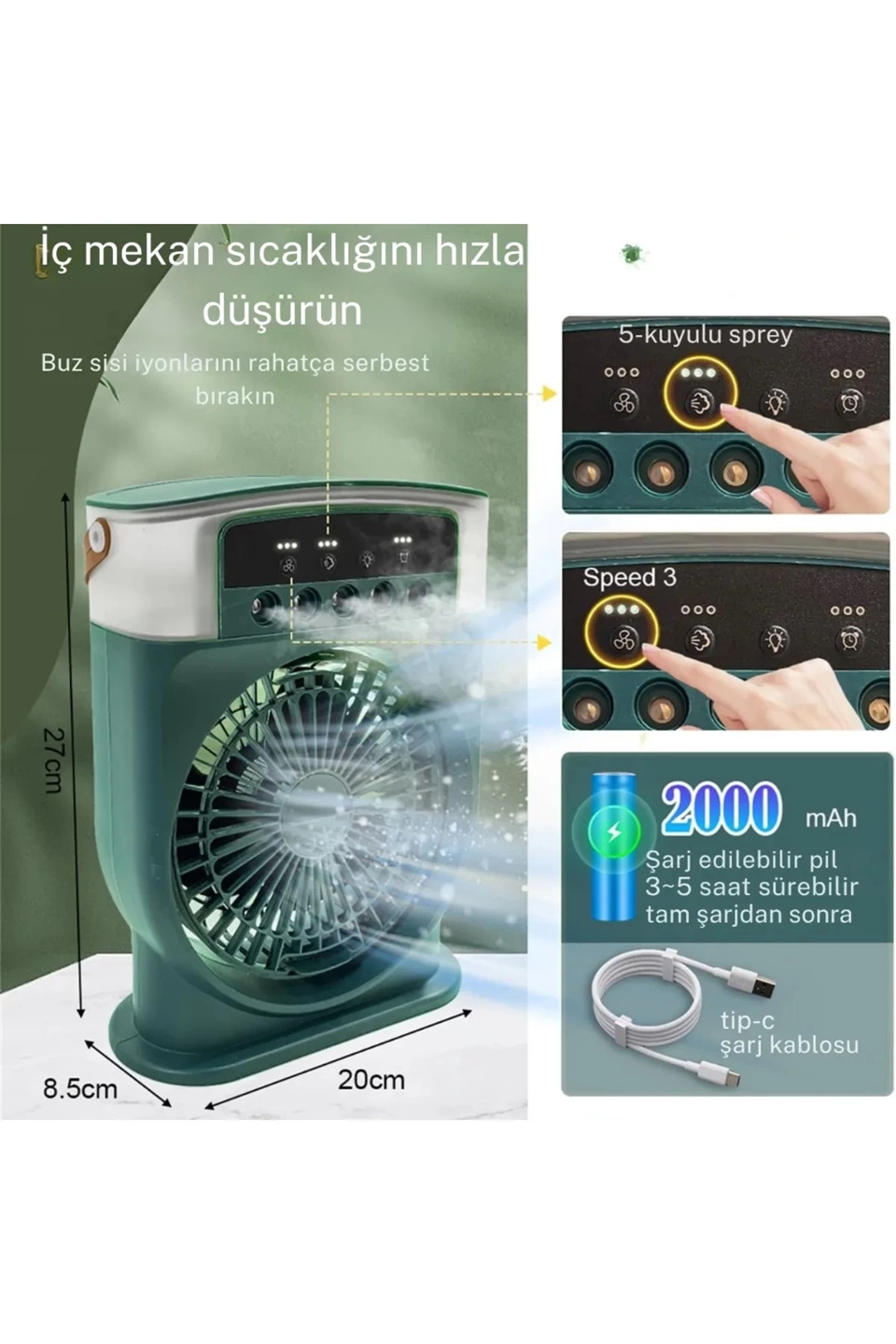 Şarjlı 600 Ml Su Hazneli Taşınabilir Masaüstü Vanilatör Güçlü Fan Ve 2000 Mah Pil Siyah