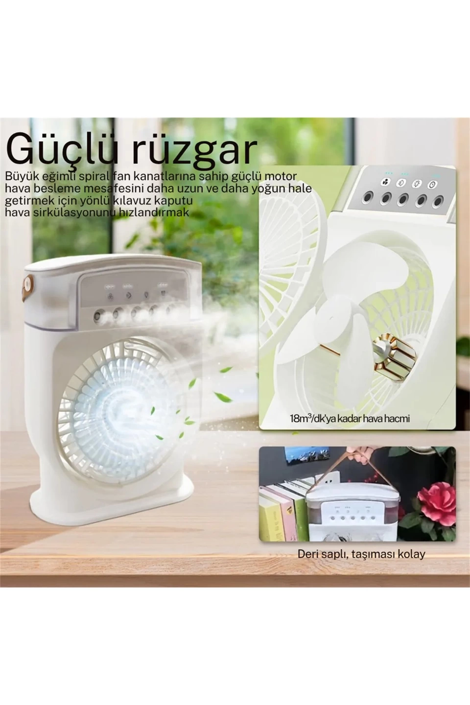 Şarjlı 600 Ml Su Hazneli Taşınabilir Masaüstü Vanilatör Güçlü Fan Ve 2000 Mah Pil Yeşil