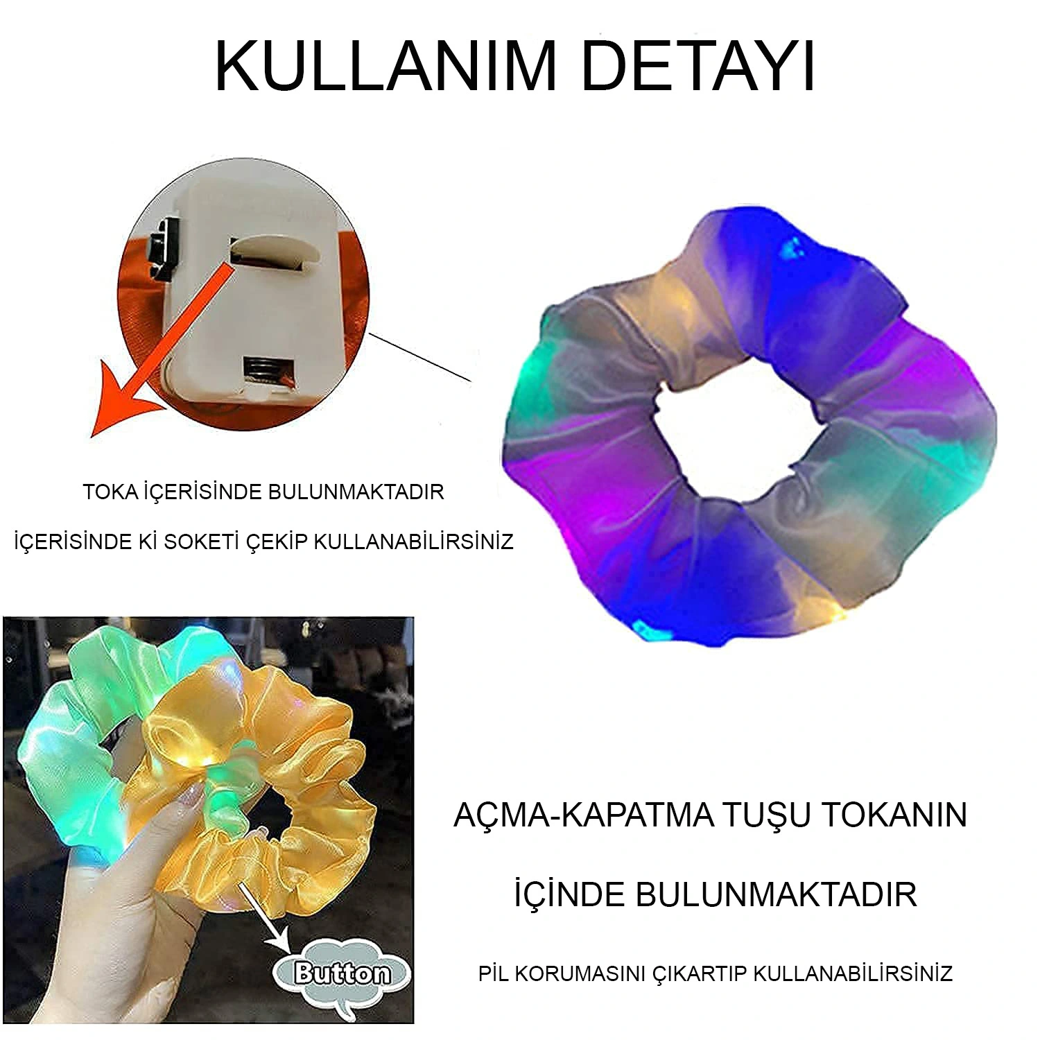 Soft Mavi Renk Led Işıklı Lastikli Saç Tokası - 3 Modlu Festival Parti Saç Tokası