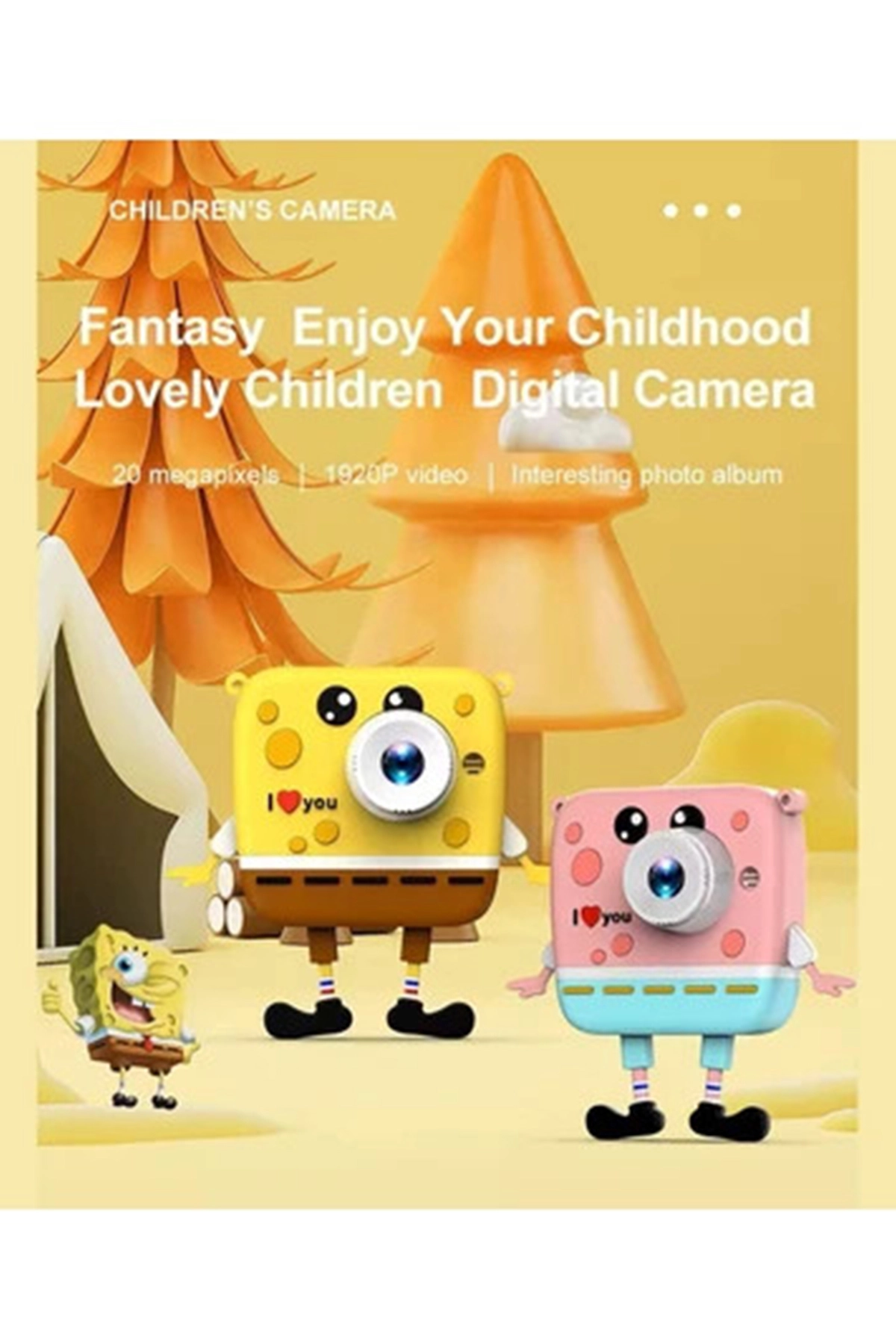 Sünger Bob Tasarımlı Yeni Nesil Çocuk Dijital Mini Fotoğraf Makinesi Çift Kamera
