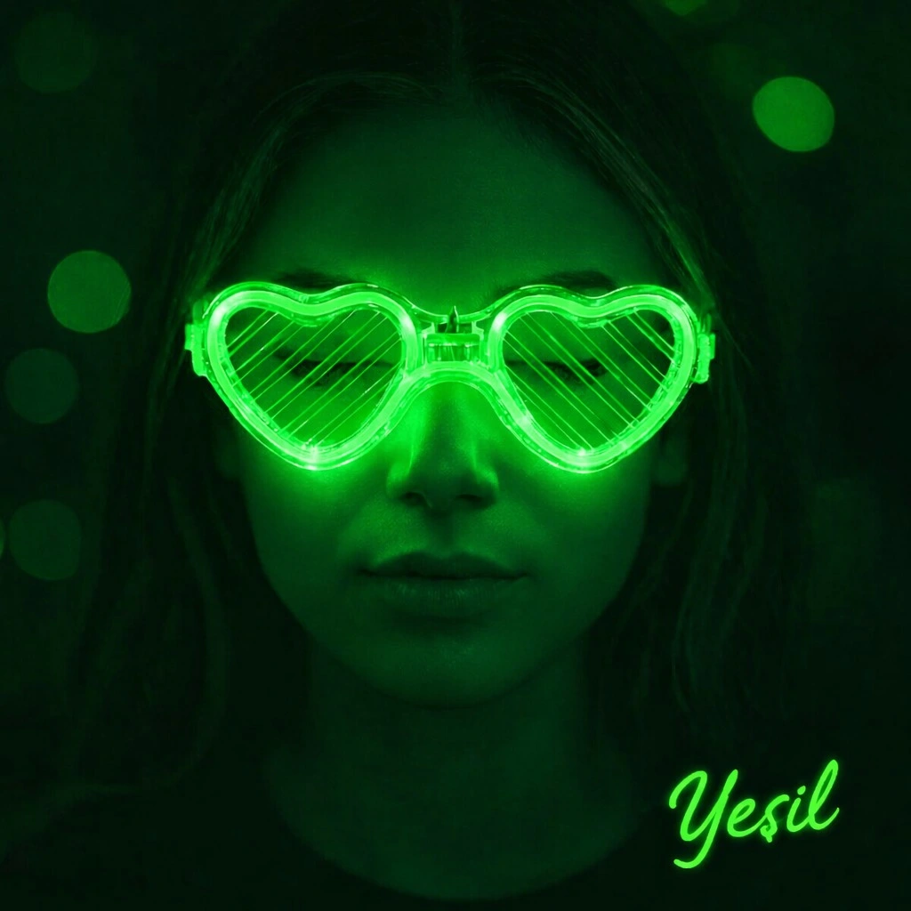 Yeşil Led Işıklı Kalp Gözlük – 3 Modlu Parti Glow Gözlüğü
