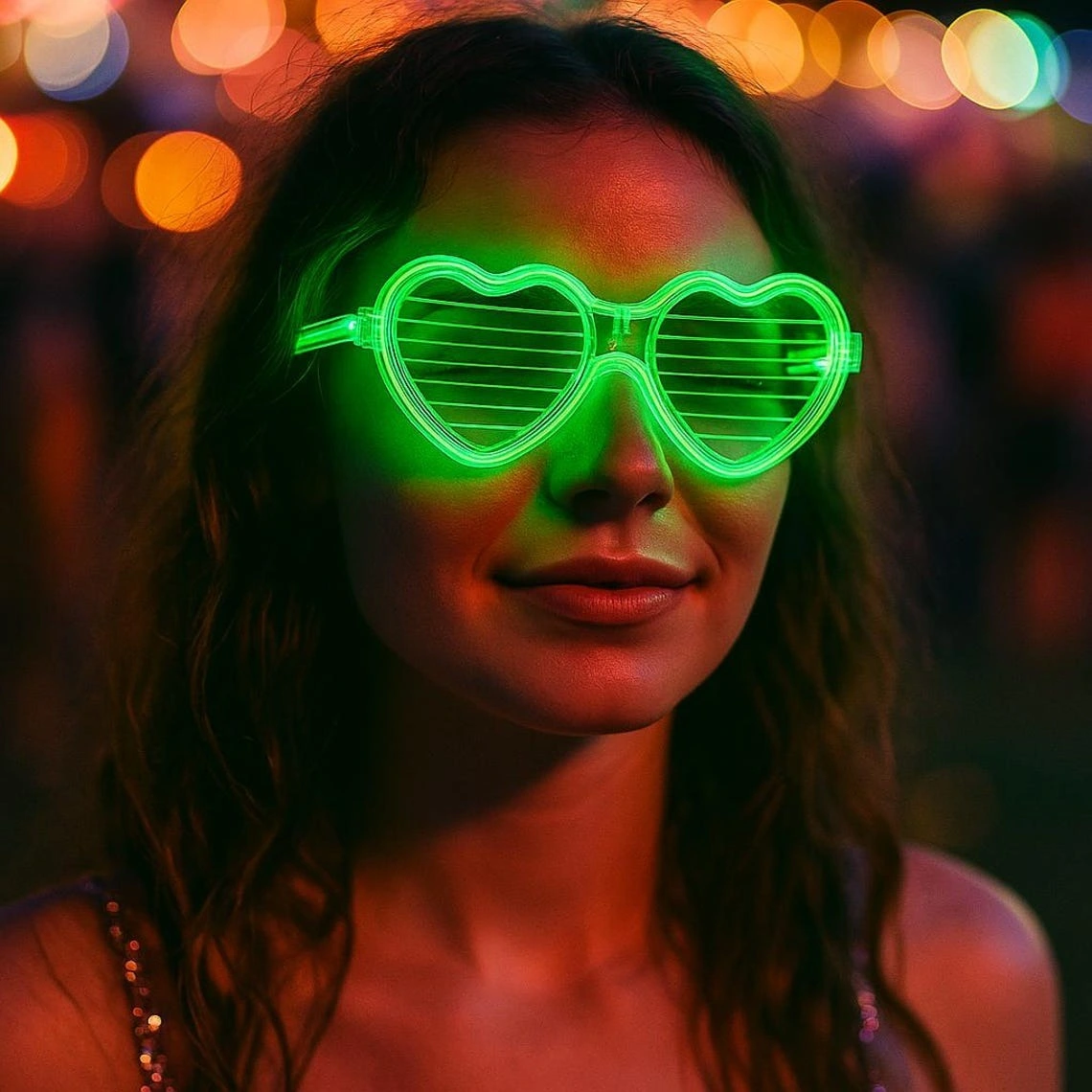 Yeşil Led Işıklı Kalp Gözlük – 3 Modlu Parti Glow Gözlüğü
